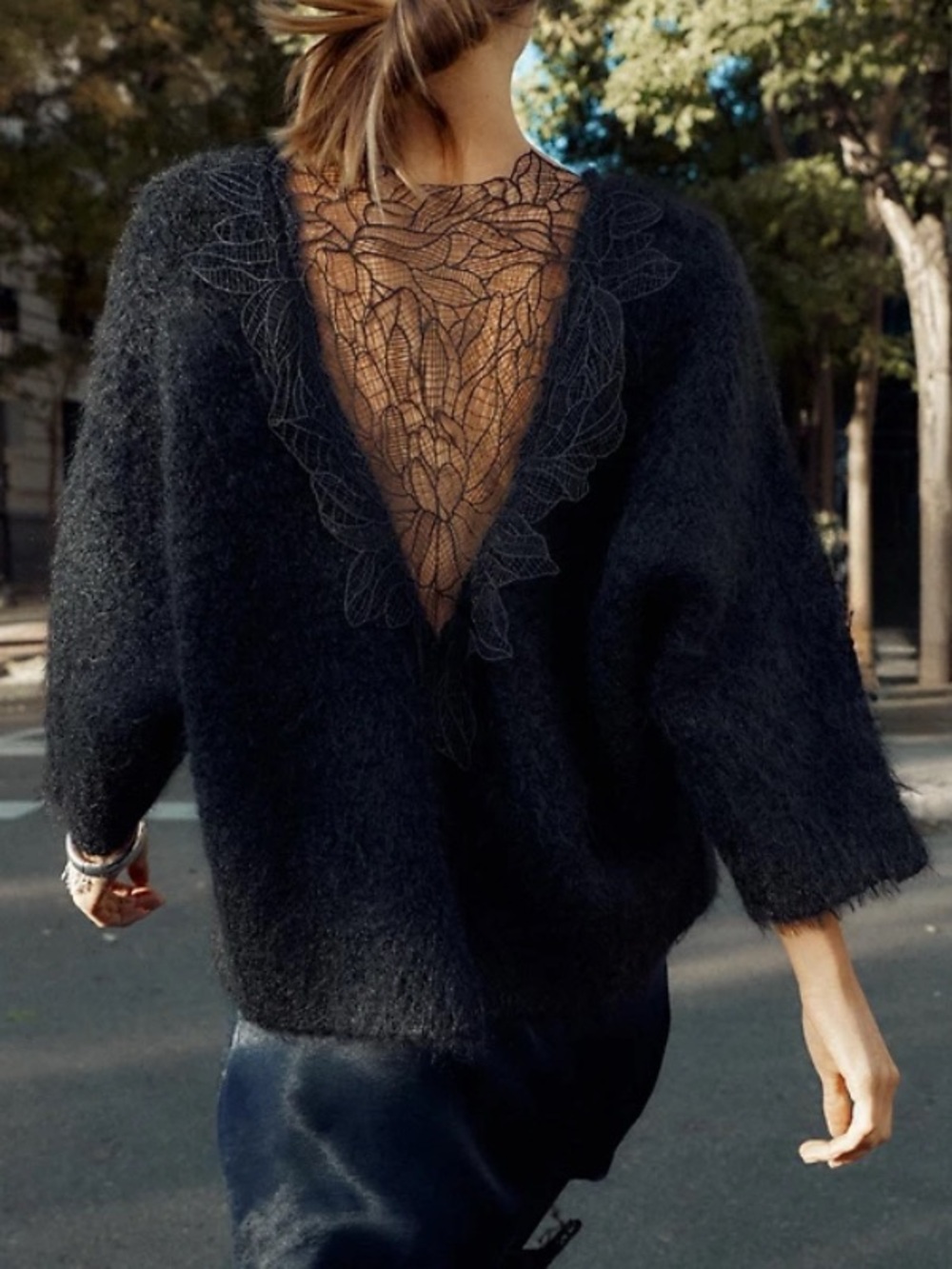 Zara Soft Black Fuzzy Knit Floral Lace Combination Sweater NWT M Women